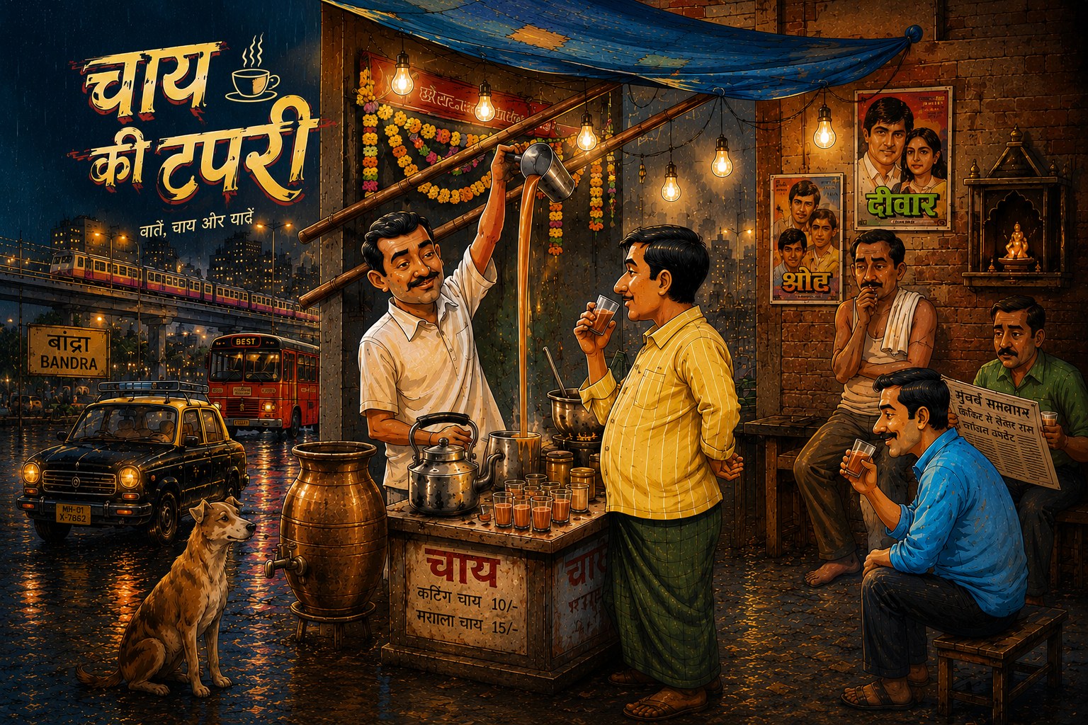 Chai Ki Tapri — a nostalgic 90s-style Mumbai roadside chai stall at dusk, a chaiwala pouring tea under string lights while friends sit and chat nearby